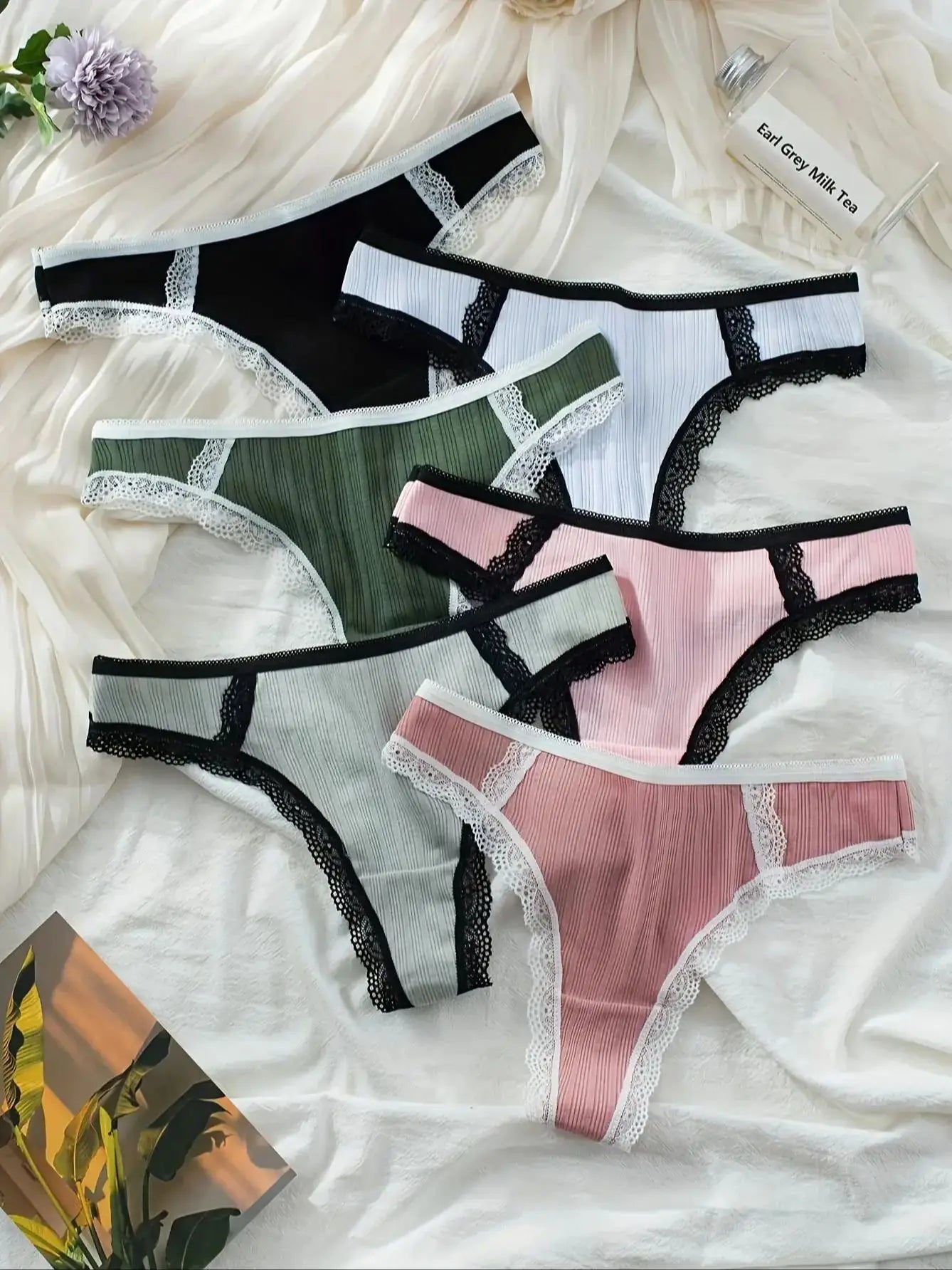 6-Pack Plus Size Contrast Lace Thong Set – Pure Cotton Lined Comfort