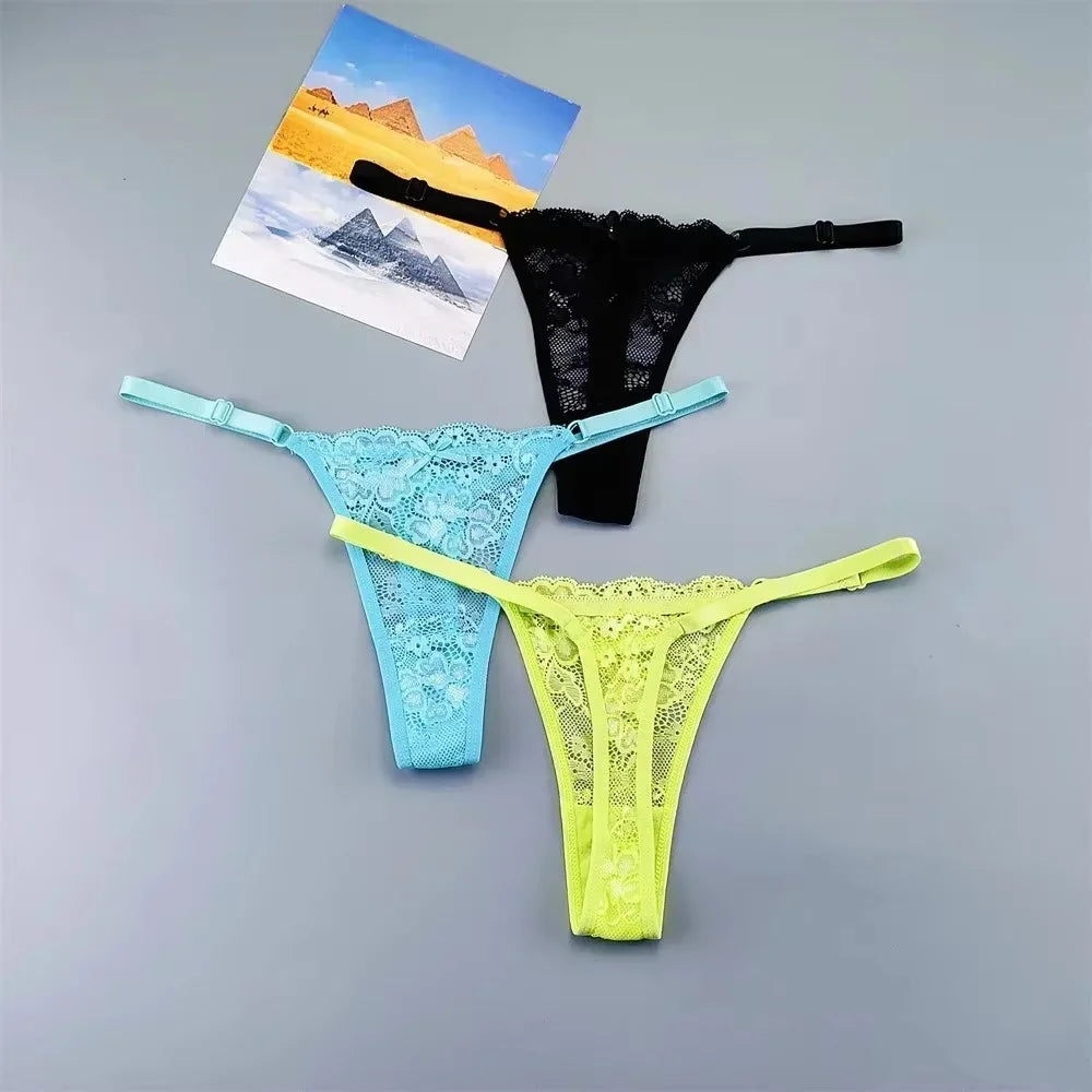 3PCS Sexy Lace Thong Set for Women – Sheer Low Waist G-String Panties (Plus Size)
