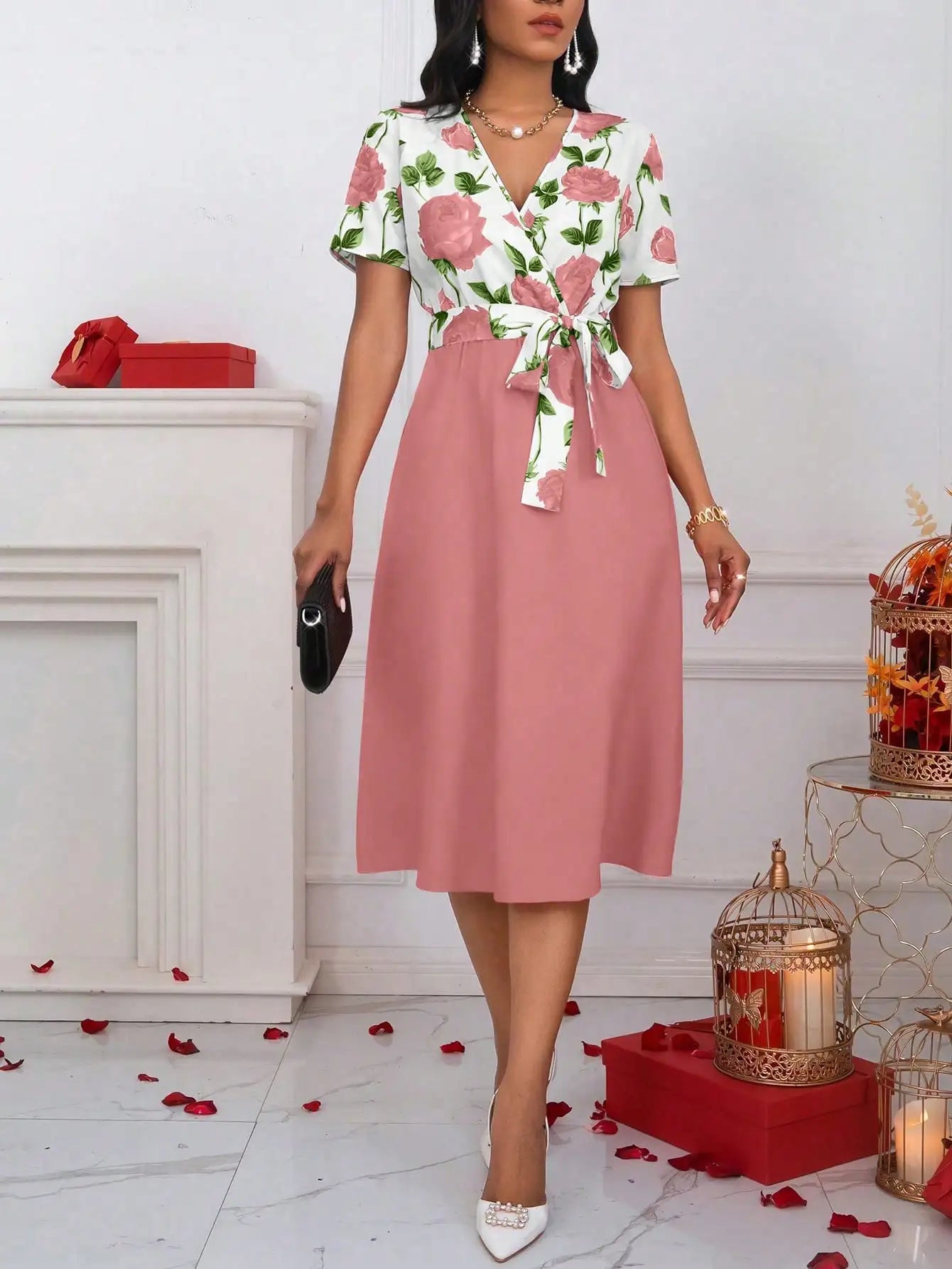 Elegant Rose Floral V-Neck Midi Dress