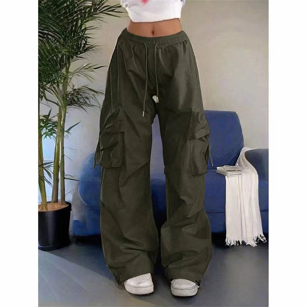 Y2K Parachute Black Pants Women Hippie Streetwear Oversize Pockets Cargo Trousers Harajuku Wide Leg Baggy Sweatpants