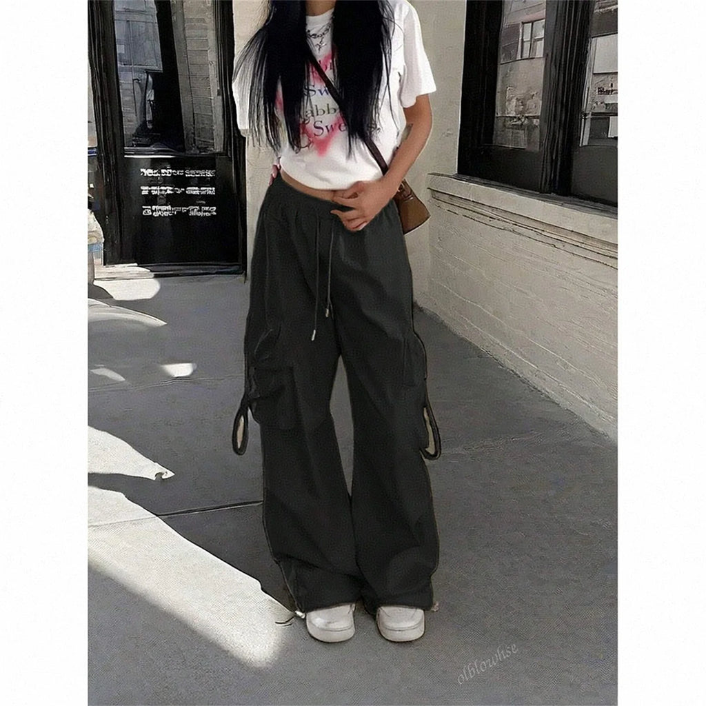 Y2K Parachute Black Pants Women Hippie Streetwear Oversize Pockets Cargo Trousers Harajuku Wide Leg Baggy Sweatpants