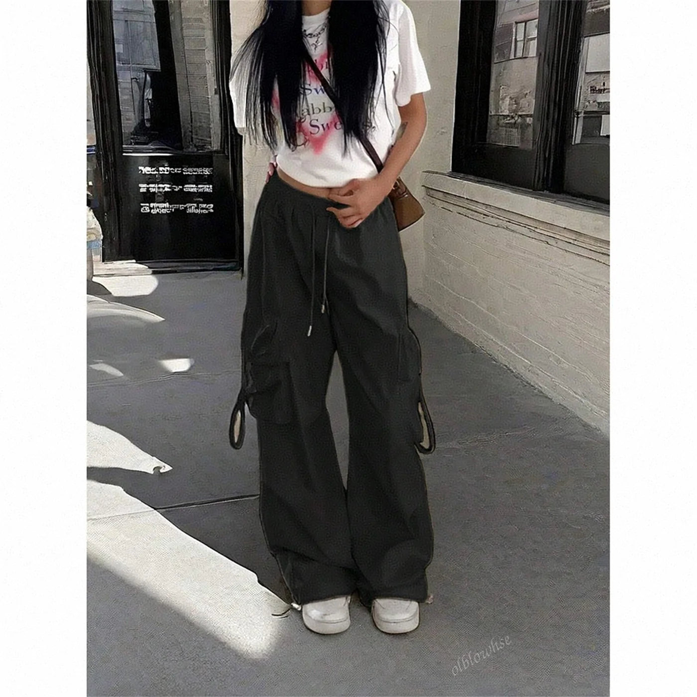 Y2K Parachute Black Pants Women Hippie Streetwear Oversize Pockets Cargo Trousers Harajuku Wide Leg Baggy Sweatpants