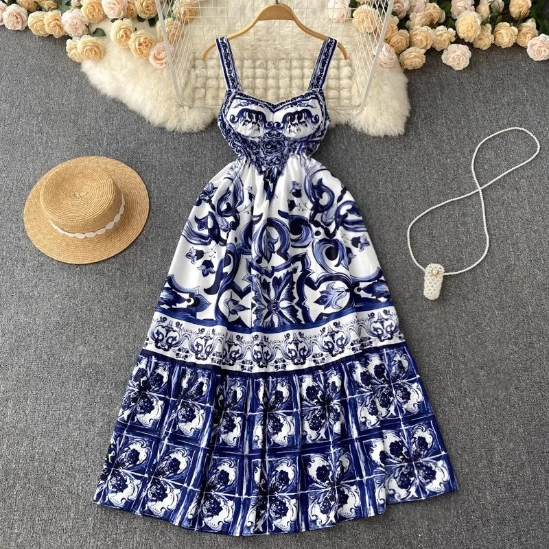 Blue and White Porcelain Print Strappy Summer Dress