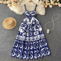 Blue and White Porcelain Print Strappy Summer Dress
