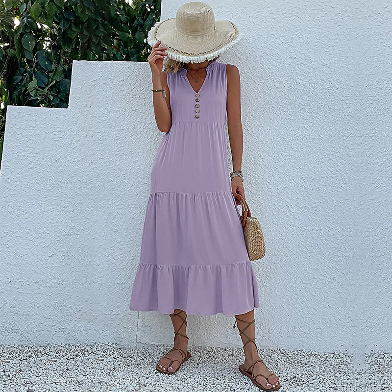 Sleeveless V Neck Midi Dress