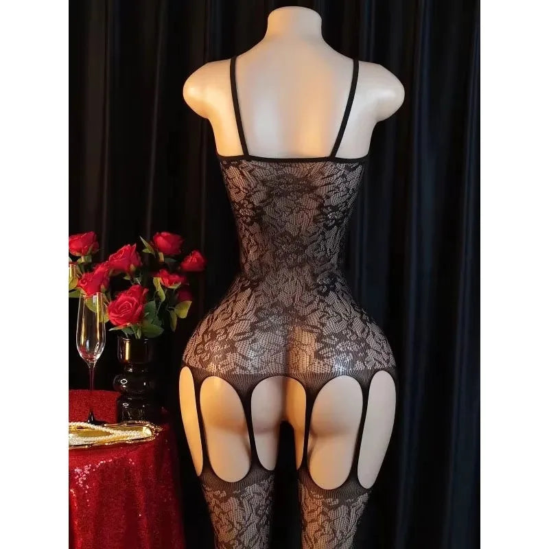 Women Lace Teddy Bodysuit Lingerie Set with Garter Belt – Elegant Sheer One-Piece