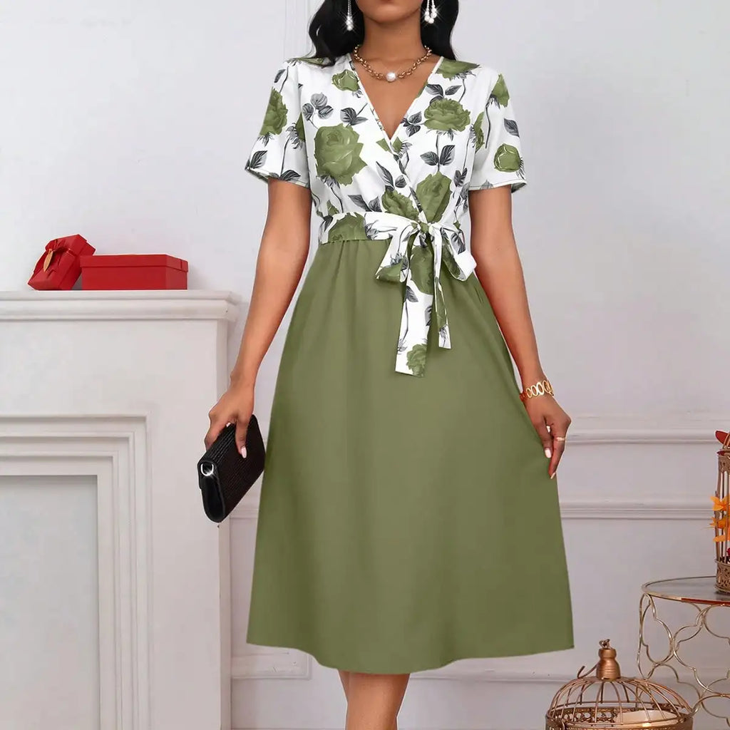 Elegant Rose Floral V-Neck Midi Dress