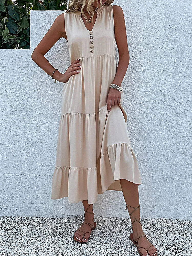 Sleeveless V Neck Midi Dress