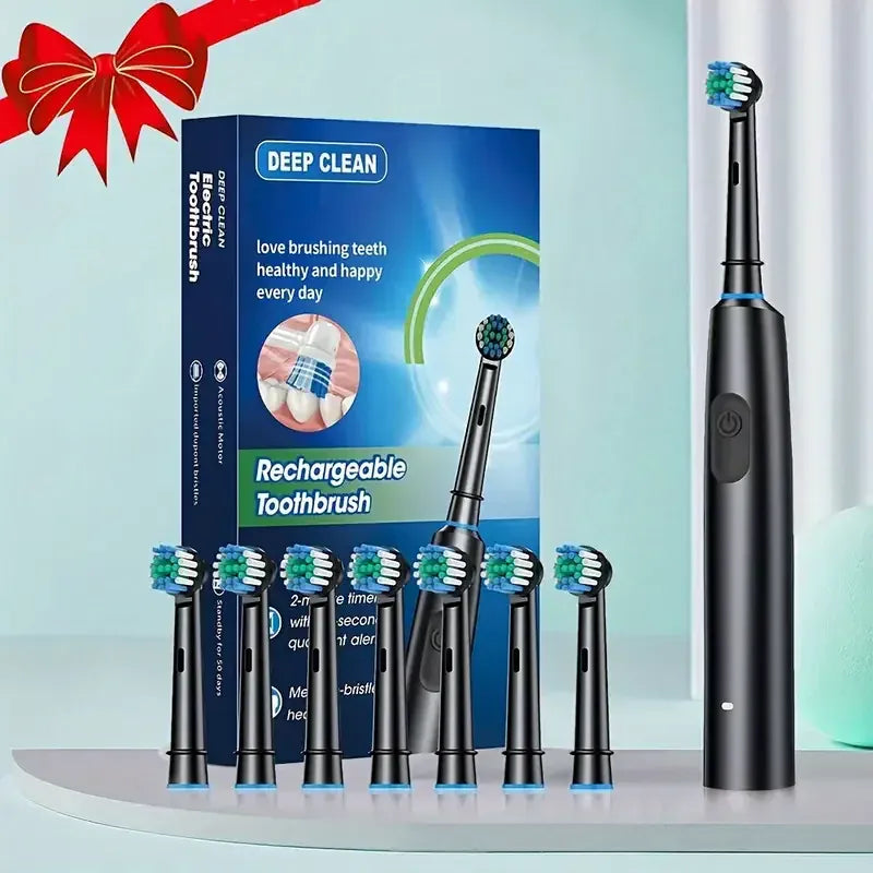 Rotary Electric Toothbrush for Adults, Smart Rotating Power Toothbrush with 5 Cleaning Modes, Soft Bristles, USB Rechargeable, 8 Replacement Heads