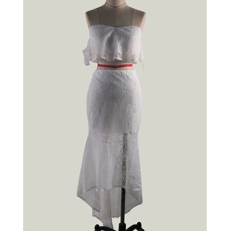 Chic Lace-Trimmed Off-Shoulder Crop Top & High-Waist Pencil Skirt Set