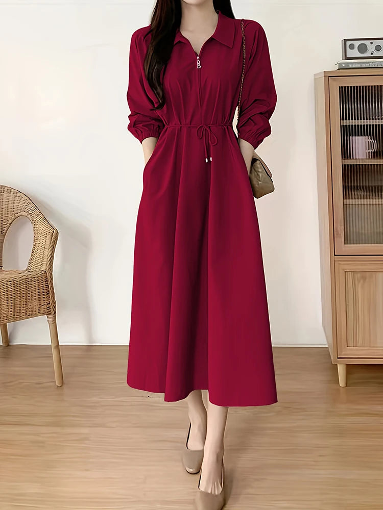 Chic Zip-Front Burgundy Midi Dress with Drawstring Waist