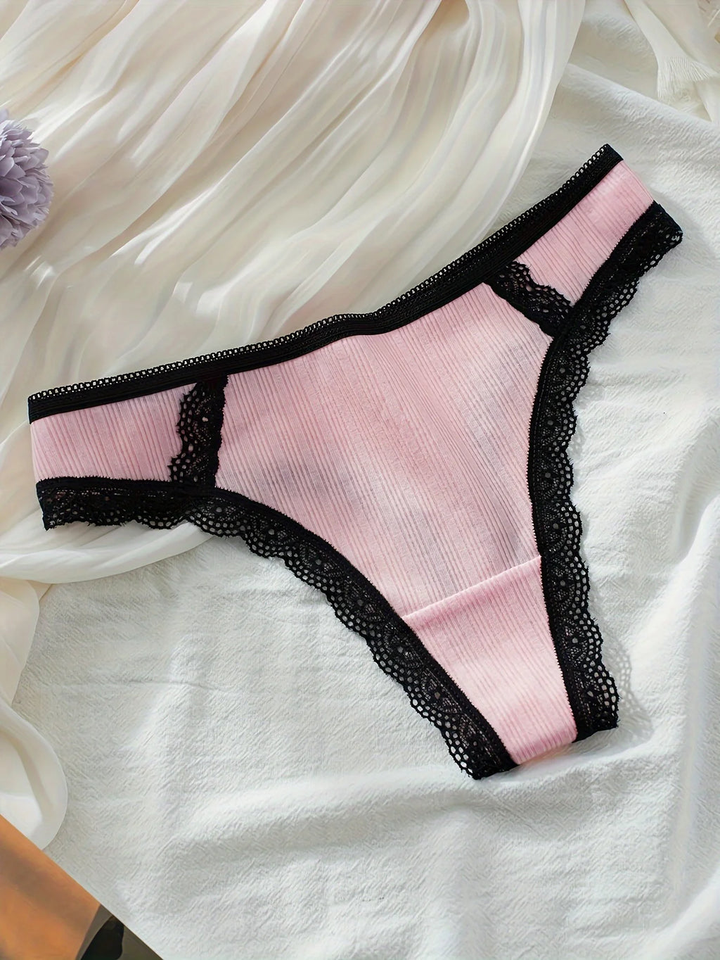 6-Pack Plus Size Contrast Lace Thong Set – Pure Cotton Lined Comfort