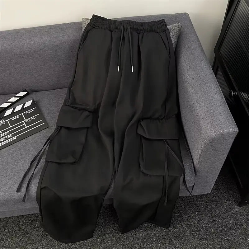 Y2K Parachute Black Pants Women Hippie Streetwear Oversize Pockets Cargo Trousers Harajuku Wide Leg Baggy Sweatpants