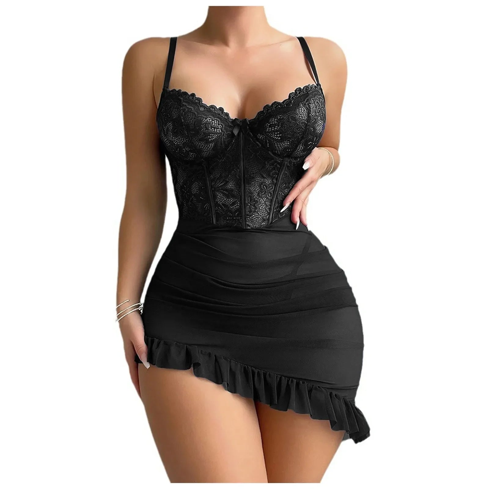 Sheer Lace Underwire Lingerie Set for Women – Transparent Elegant Nightdress & Sleepwear