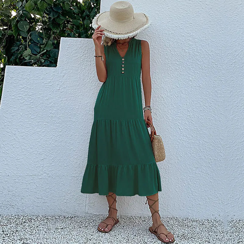 Sleeveless V Neck Midi Dress