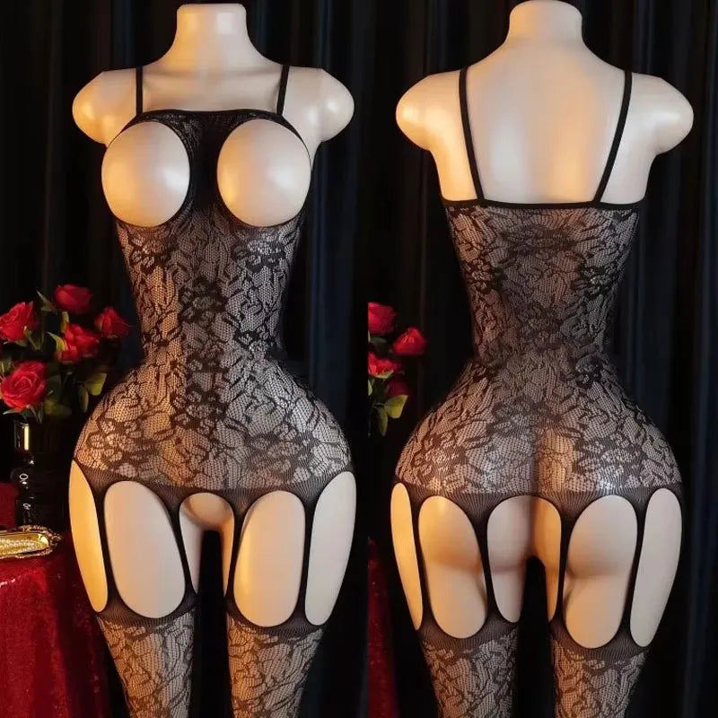 Women Lace Teddy Bodysuit Lingerie Set with Garter Belt – Elegant Sheer One-Piece