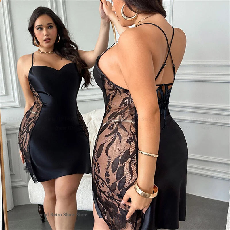 Luxe Lace Satin Plus Size Nightgown – Elegant Hollow Lace Sleepwear (3XL–5XL)