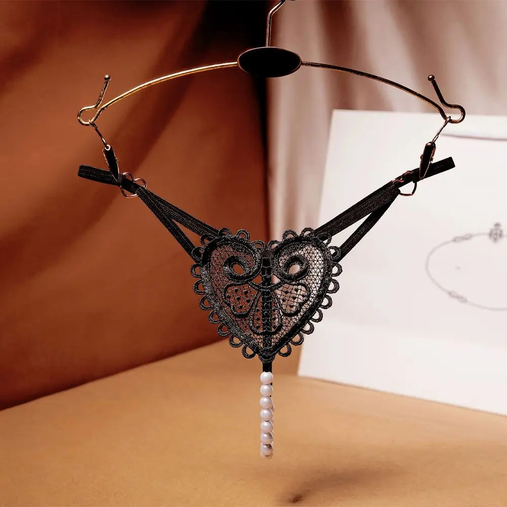 Sexy Heart Embroidery Pearl Thong for Women – Low Rise Lace Lingerie