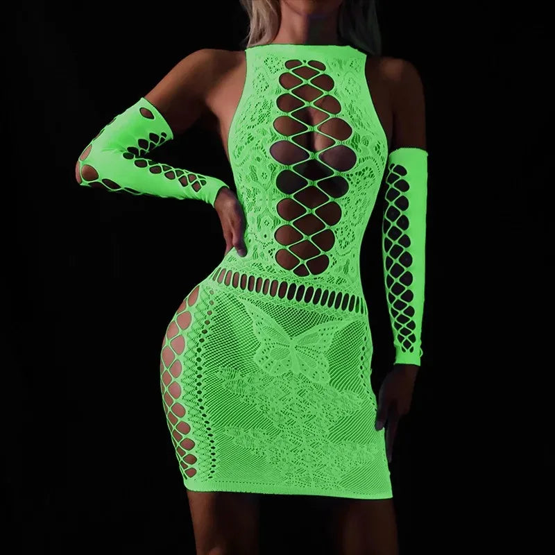 Sheer Mesh Two Piece Bodystocking Set for Women – Club & Party Wear Luminous Outfit