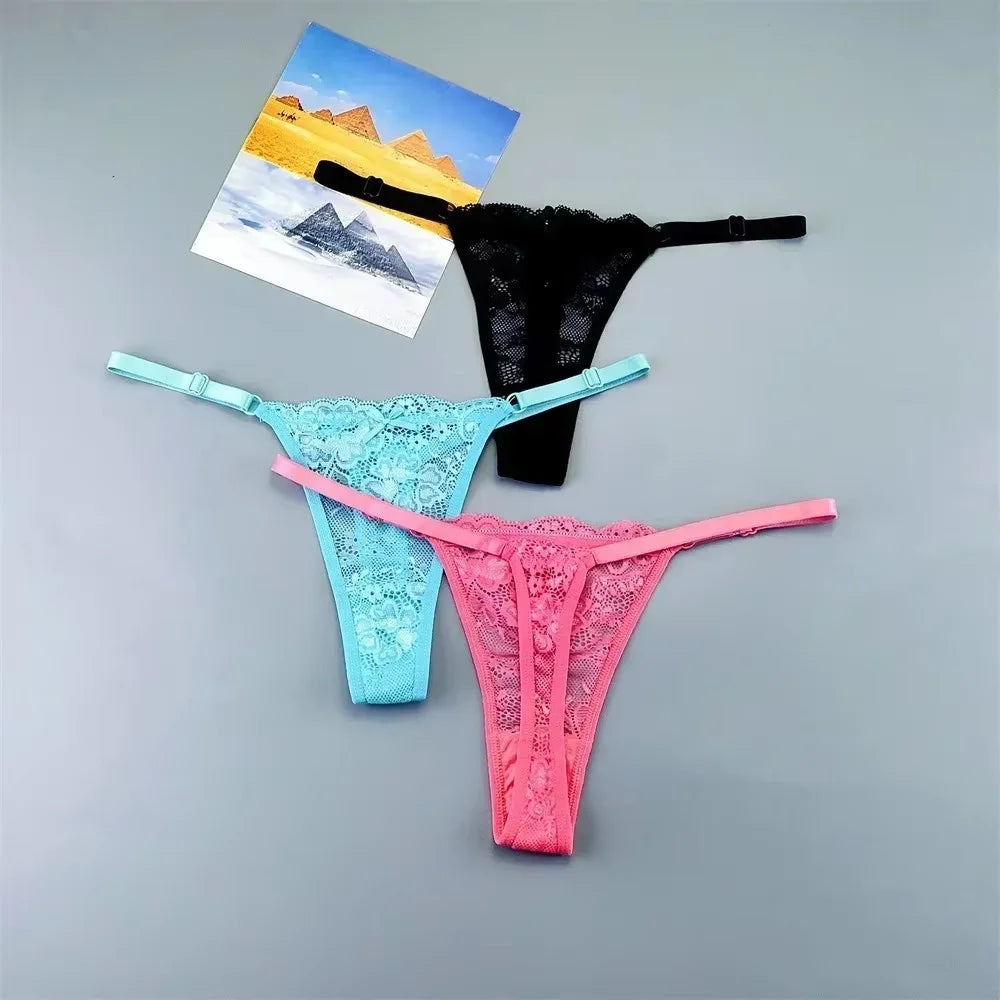 3PCS Sexy Lace Thong Set for Women – Sheer Low Waist G-String Panties (Plus Size)