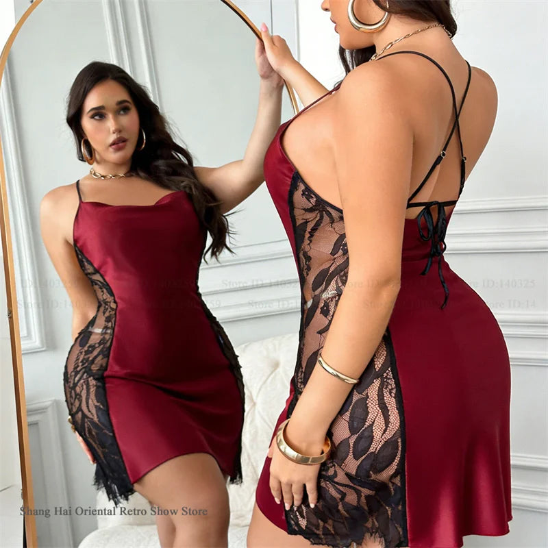 Luxe Lace Satin Plus Size Nightgown – Elegant Hollow Lace Sleepwear (3XL–5XL)