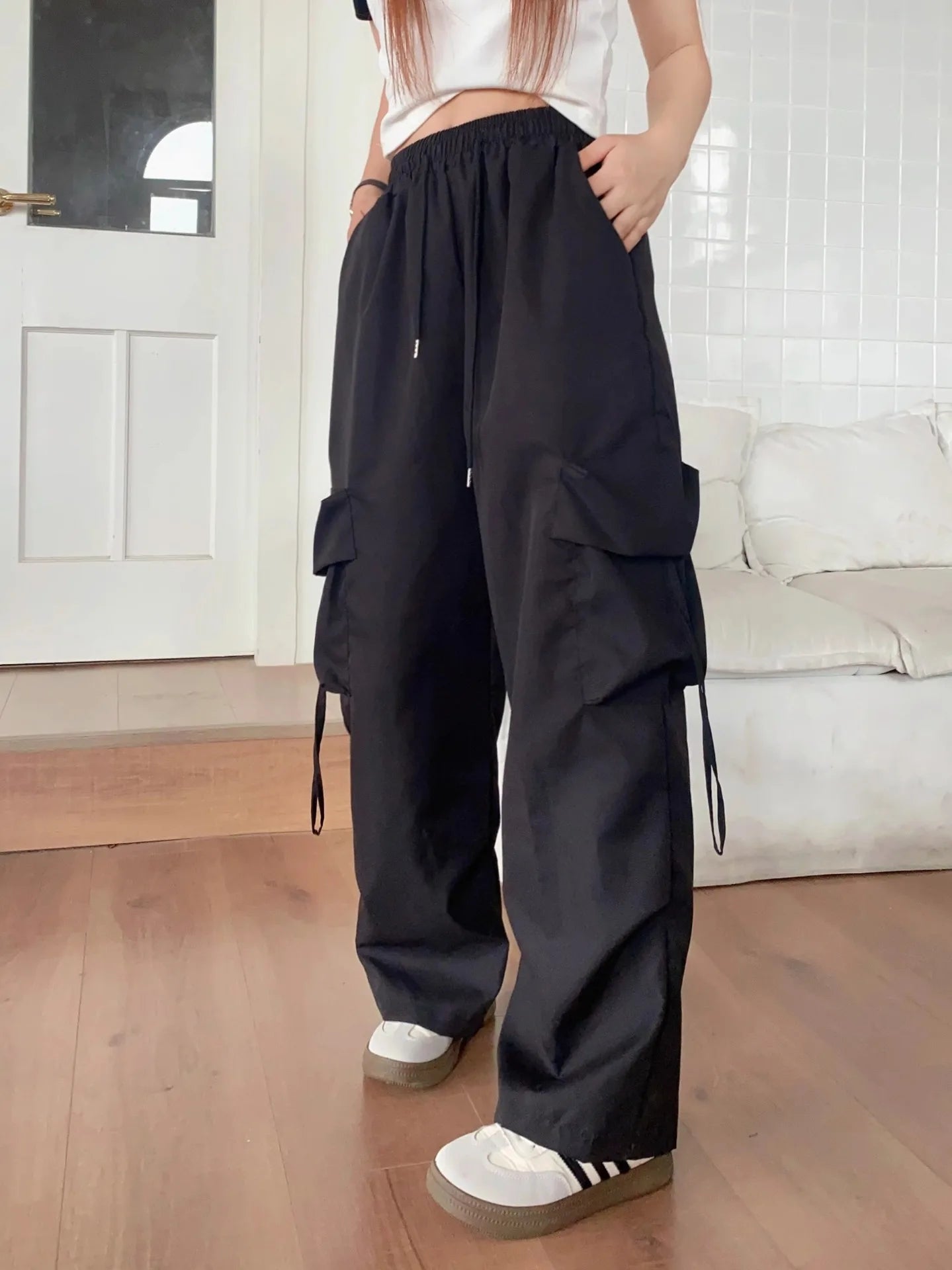 Y2K Parachute Black Pants Women Hippie Streetwear Oversize Pockets Cargo Trousers Harajuku Wide Leg Baggy Sweatpants