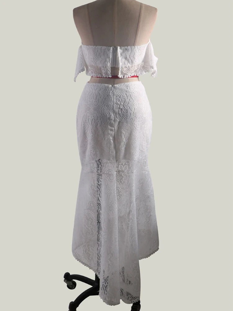 Chic Lace-Trimmed Off-Shoulder Crop Top & High-Waist Pencil Skirt Set
