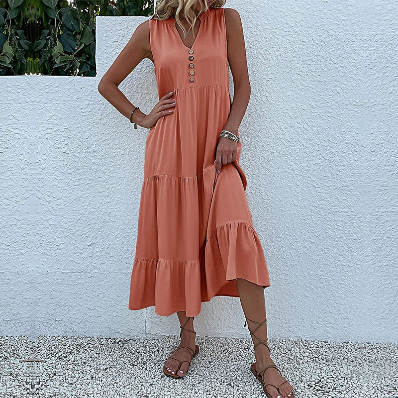 Sleeveless V Neck Midi Dress