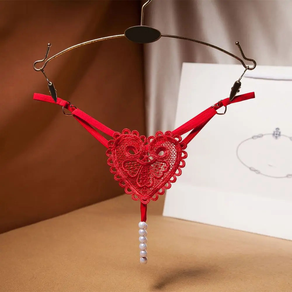 Sexy Heart Embroidery Pearl Thong for Women – Low Rise Lace Lingerie
