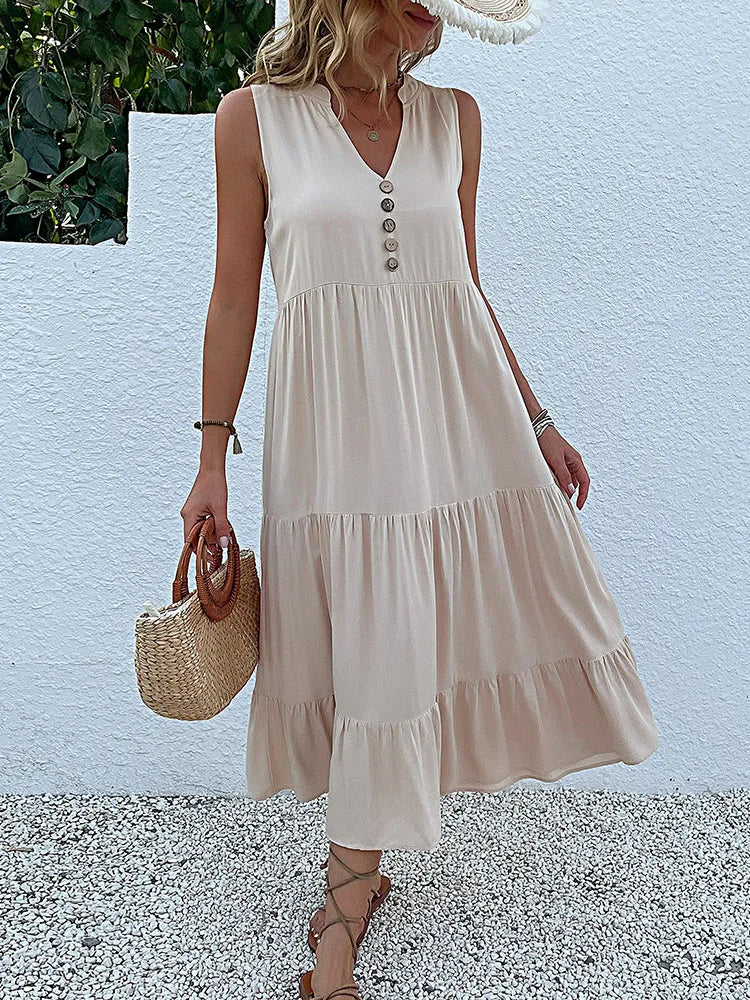 Sleeveless V Neck Midi Dress