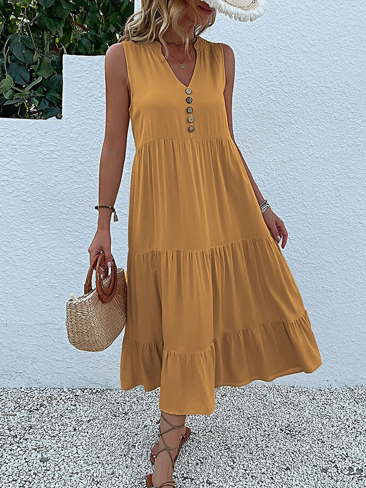 Sleeveless V Neck Midi Dress