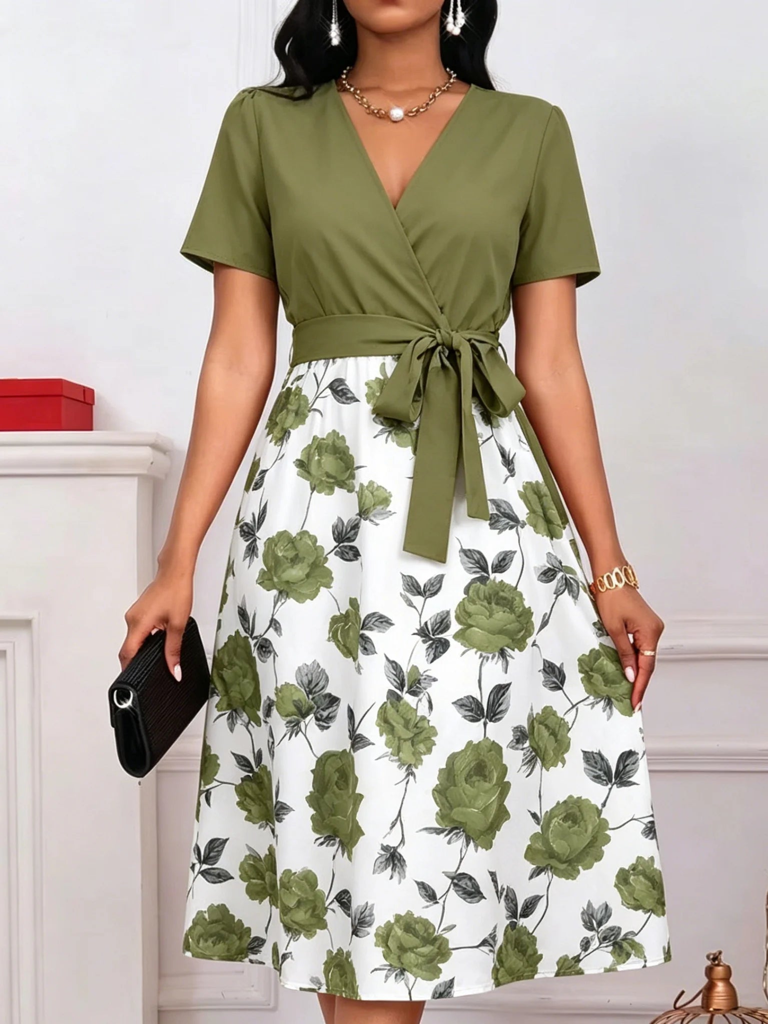 Elegant Rose Floral V-Neck Midi Dress