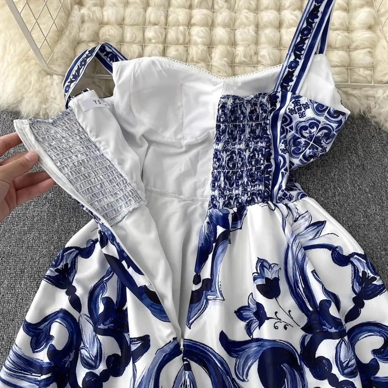 Blue and White Porcelain Print Strappy Summer Dress