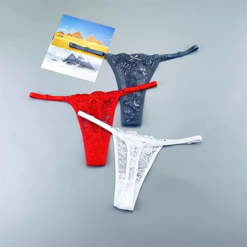 3PCS Sexy Lace Thong Set for Women – Sheer Low Waist G-String Panties (Plus Size)