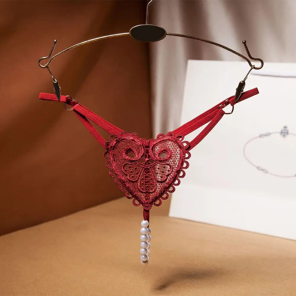 Sexy Heart Embroidery Pearl Thong for Women – Low Rise Lace Lingerie