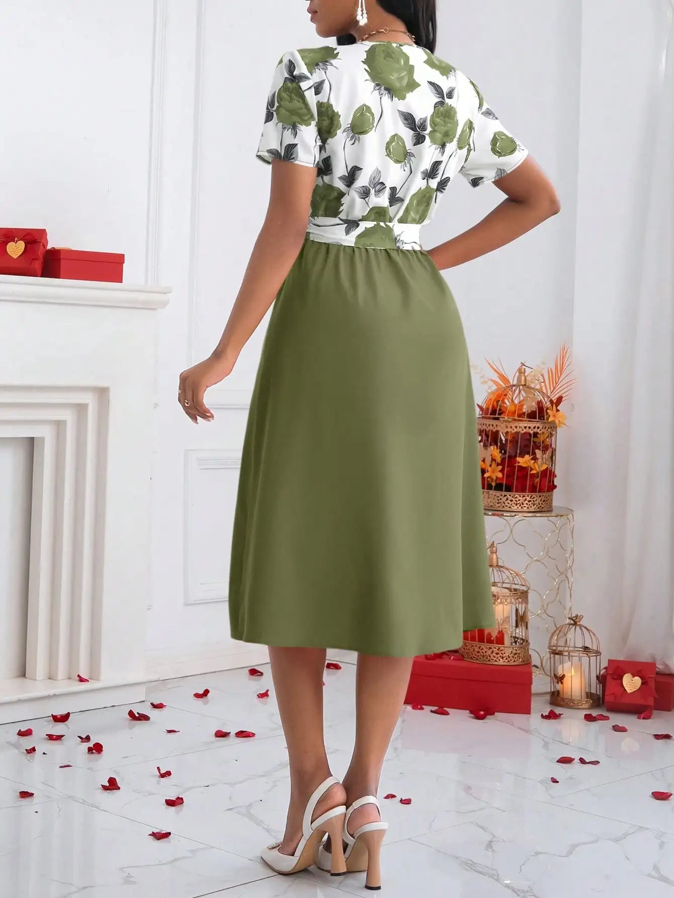 Elegant Rose Floral V-Neck Midi Dress