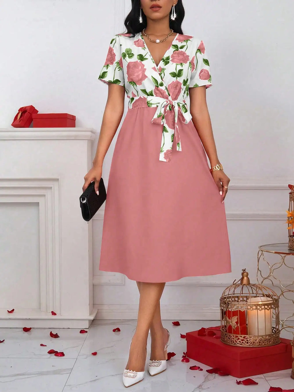 Elegant Rose Floral V-Neck Midi Dress