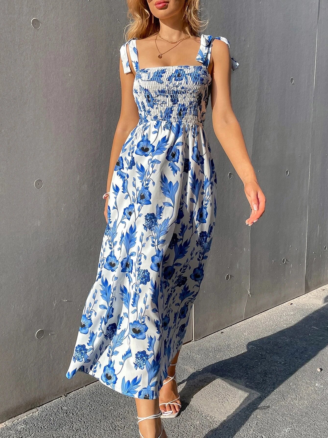Mediterranean Bloom Smocked Maxi Dress