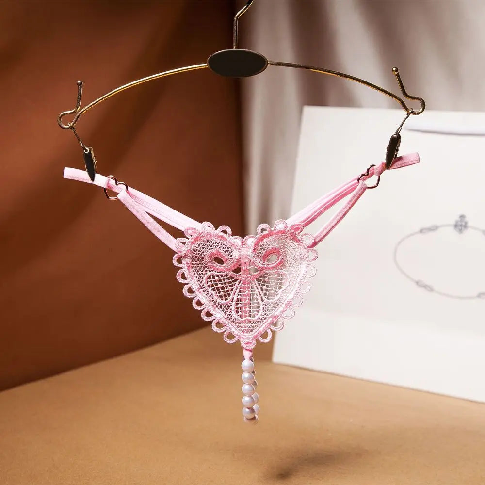 Sexy Heart Embroidery Pearl Thong for Women – Low Rise Lace Lingerie