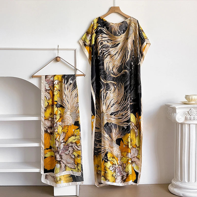 Luxury Floral Kaftan Abaya with Scarf – Elegant Loose Maxi Dress for Women | Dubai Style Summer Robe