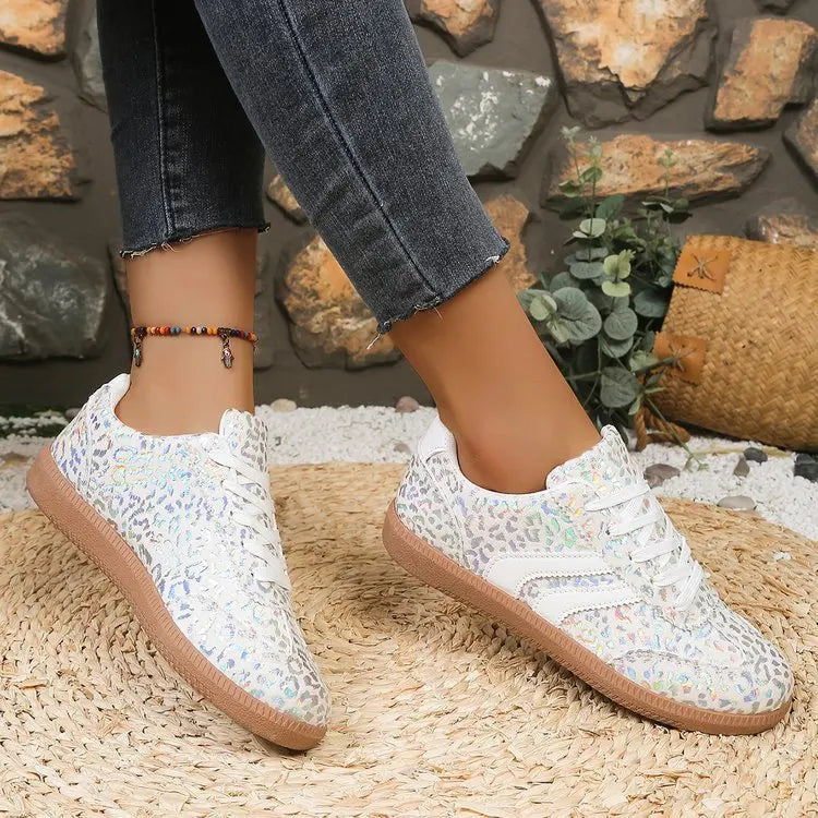 Leopard Print Shimmer Sneakers – Stylish Lace-Up Casual Shoes