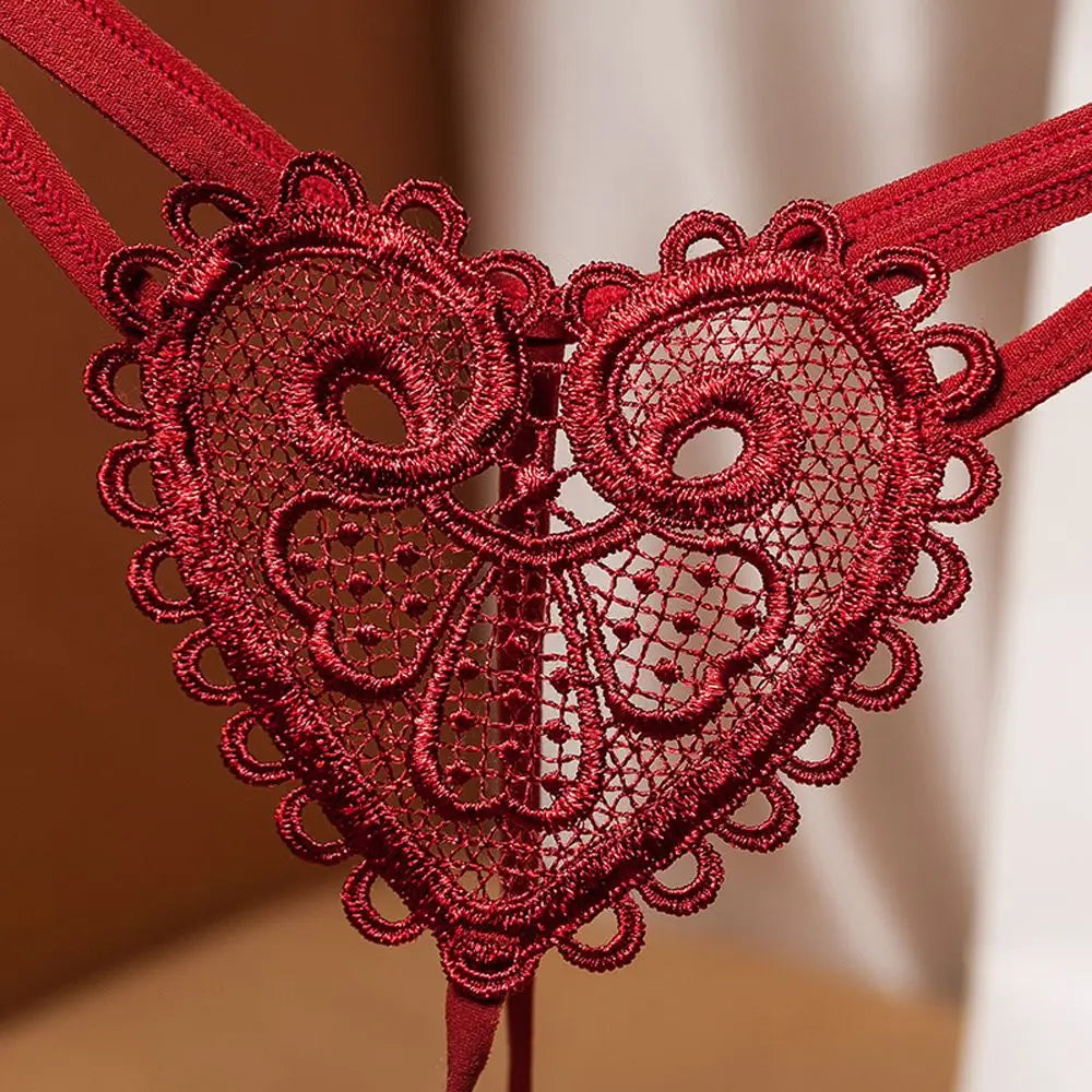 Sexy Heart Embroidery Pearl Thong for Women – Low Rise Lace Lingerie