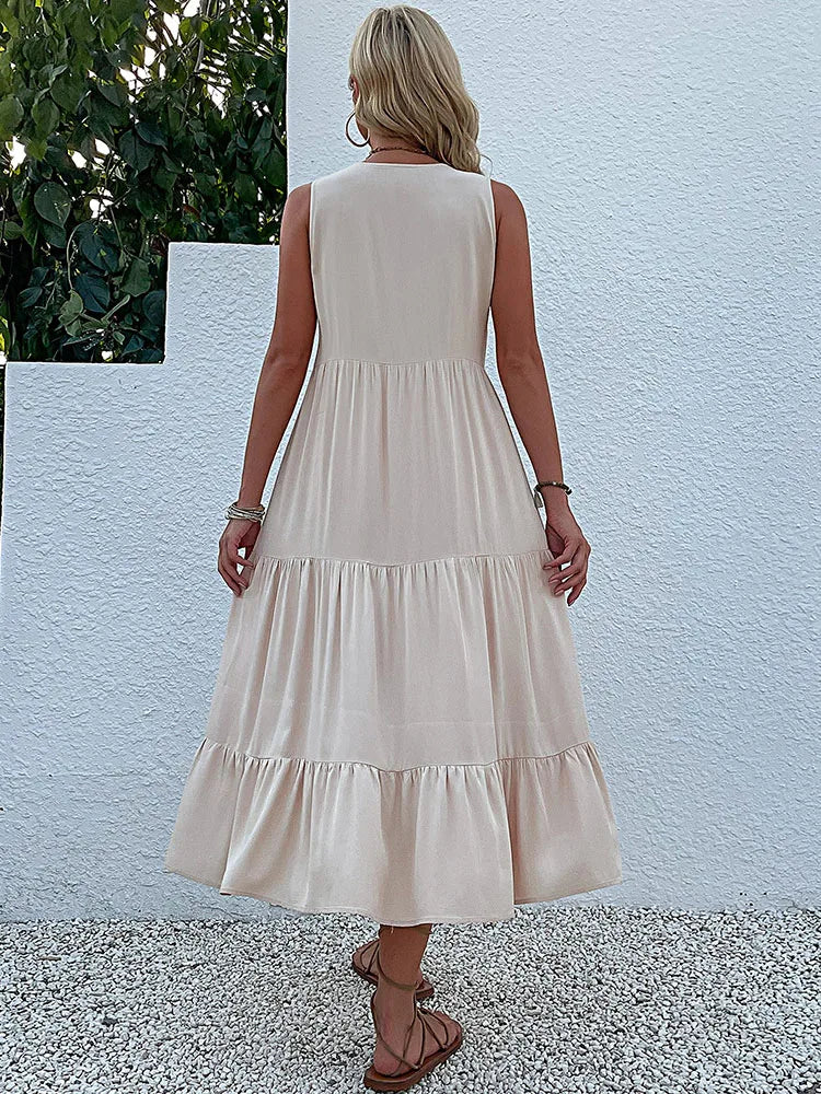 Sleeveless V Neck Midi Dress