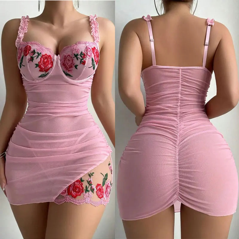 Sheer Lace Bra and Panty Set for Women – Elegant Floral Embroidery Lingerie Nightwear