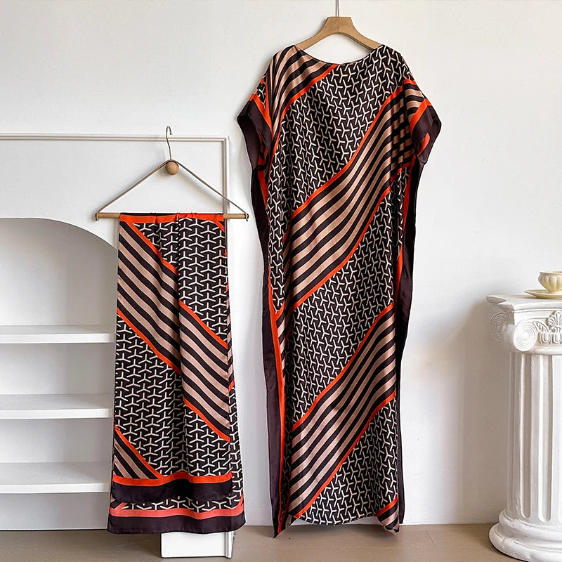 Luxury Floral Kaftan Abaya with Scarf – Elegant Loose Maxi Dress for Women | Dubai Style Summer Robe