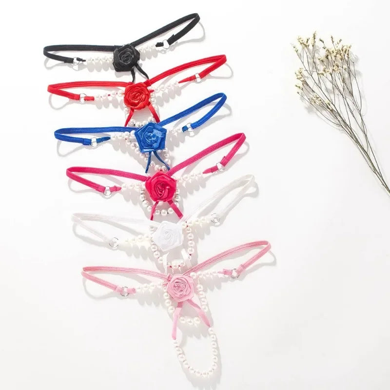 Sexy Rose Pearl G-String for Women – Beaded Open Crotch Lace Thong Lingerie