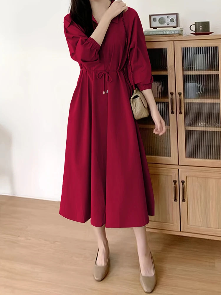 Chic Zip-Front Burgundy Midi Dress with Drawstring Waist