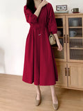 Chic Zip-Front Burgundy Midi Dress with Drawstring Waist