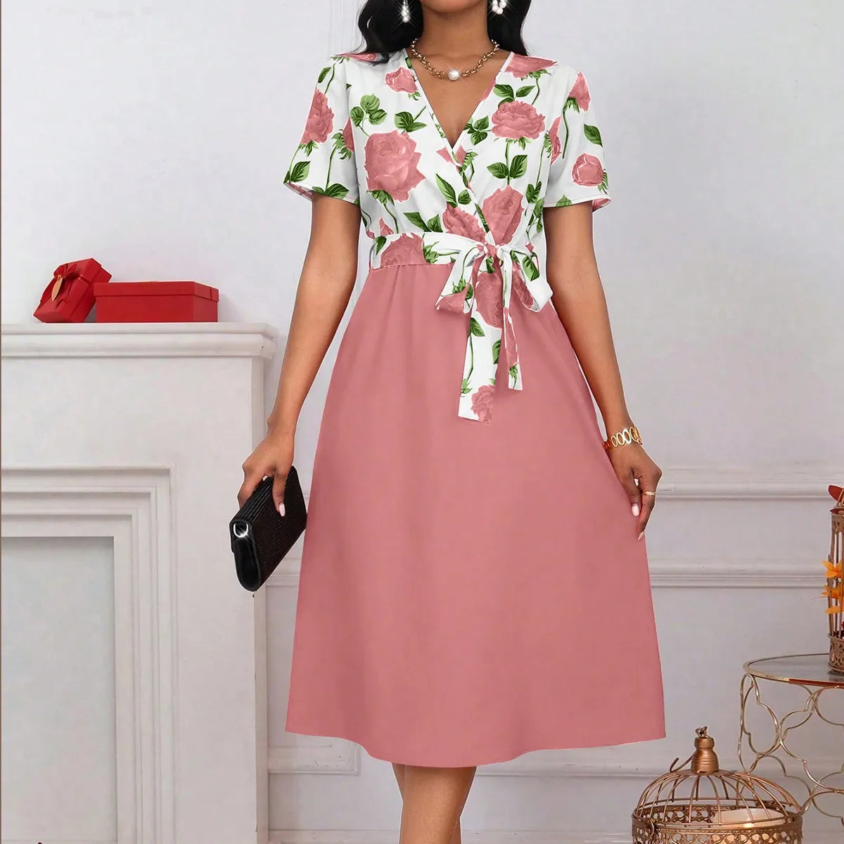 Elegant Rose Floral V-Neck Midi Dress