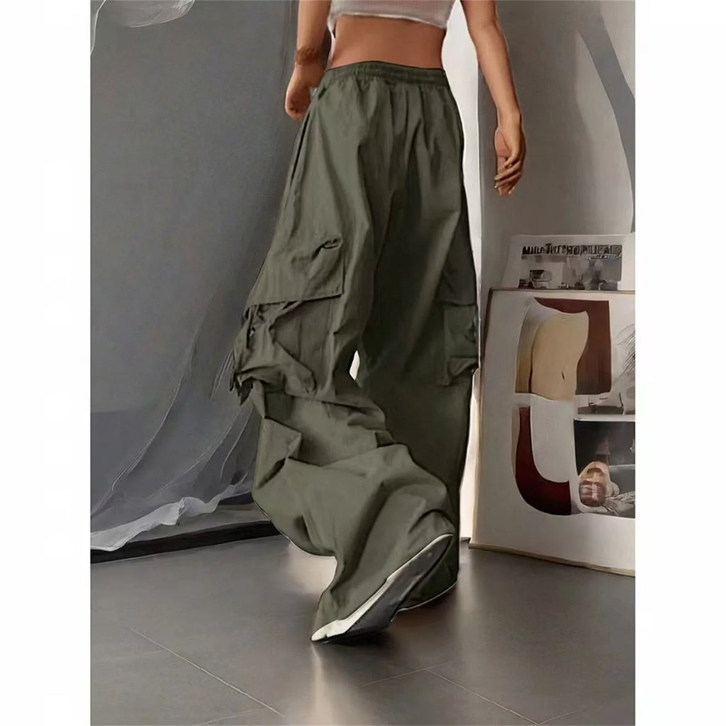 Y2K Parachute Black Pants Women Hippie Streetwear Oversize Pockets Cargo Trousers Harajuku Wide Leg Baggy Sweatpants
